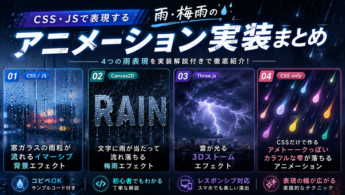 雨や梅雨を表現するCSS・JSアニメーションまとめ